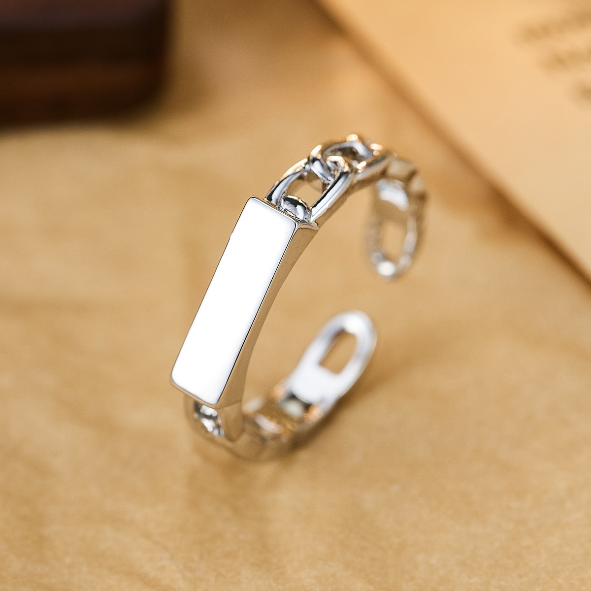 Women's Adjustable Solid Rectangular Chain Open Ring, Minimalist